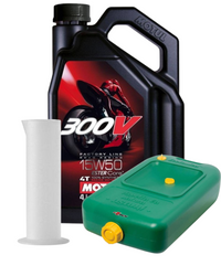 Zestaw pojemnik na olej + miarka + Motul 300v 15w50 4T 4L