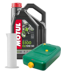 Zestaw pojemnik na olej + miarka + Motul 5100 10W50 4T 4L