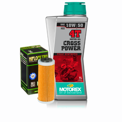 Zestaw serwisowy olej + filtr: Olej silnikowy Motorex Cross Power 4T 10W50 1L + filtr oleju Hilfo HF652 KTM SXF 250 / 350