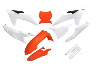 Pełny komplet plastików [w zestawie osłony na lagi] KTM SX 125 / 250 / 300 '23-'24, SX-F 250 / 350 / 450 '23-'24 UFO kolor biały / pomarańczowy